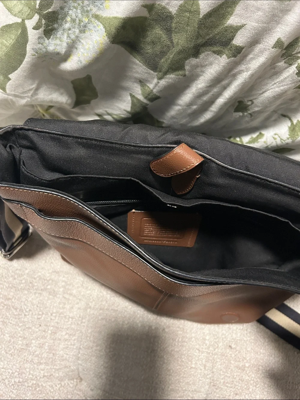Coach Brown Leather Messenger Bag with Striped Strap